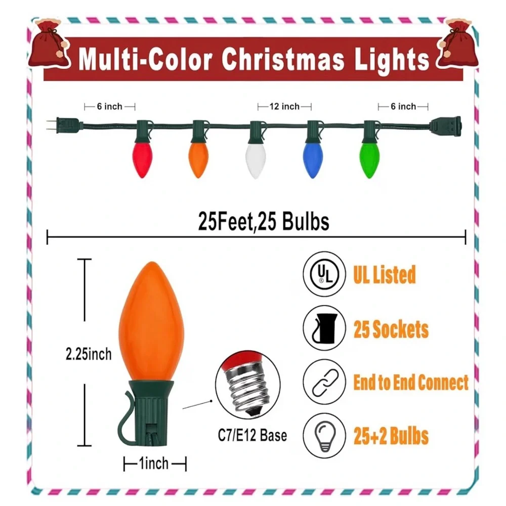 Outdoor/Indoor C7 Patio Christmas Lights 25FT Multicolor Classic Bulbs Brand New